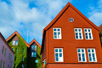 Traditional wooden red houses covered ivy in Bergen, Norway. 