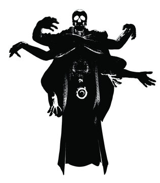 The black silhouette of a sinister skeleton lich, a necromancer with many creepy hands in different poses forming a magical sphere of energy. she is parting in the air wearing a loose robe. 2d 