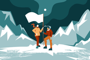 Characters in winter clothes on top with a flag on a background of abstract mountains and clouds. Climbing the mountain, men in a strong wind, flat design.