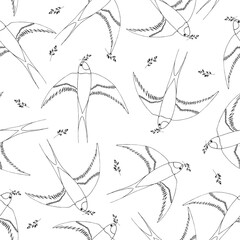 Seamless pattern with flying swallows and twigs. Illustration in cartoon flat style.