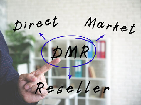  DMR Direct Market Reseller inscription. Interior of modern business office on an background.