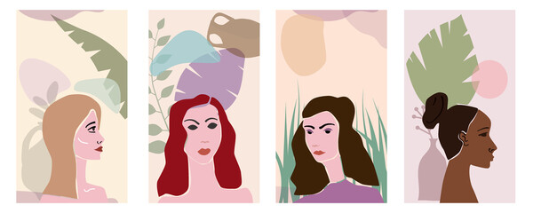 Collection Woman portraites minimal abstract contemporary style. Female faces flora leaves shapes vase silhouette