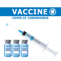 Covid-19 coronavirus vaccine concept banner. Syringe injection tool for immunization treatment and vaccine bottle. Treatment, provention or fight against for coronavirus covid-19