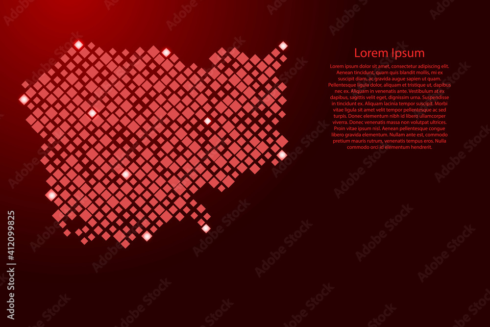 Poster cambodia map from red pattern rhombuses of different sizes and glowing space stars grid. vector illu