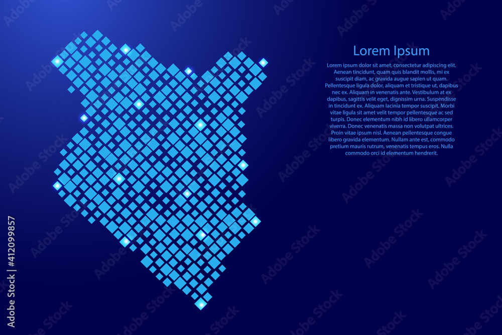 Poster kenya map from blue pattern rhombuses of different sizes and glowing space stars grid. vector illust
