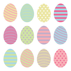 Set of Easter eggs. A dozen painted Easter eggs in pastel colors. Vector illustration isolated on a white background for design and web.