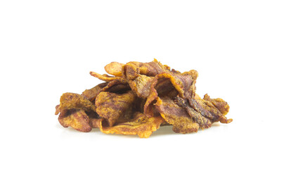 Crispy banana snacks on white background