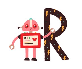 Capital letter R of childish English alphabet with robot. Kids font with cute character for kindergarten and preschool education. Hand-drawn flat vector illustration isolated on white background