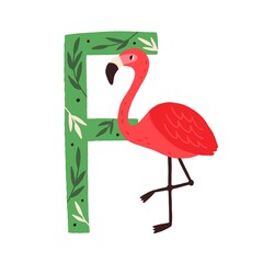 Capital letter F of childish English alphabet with funny flamingo. Scandi kids font with cute bird for children in kindergarten. Hand-drawn flat vector illustration isolated on white background