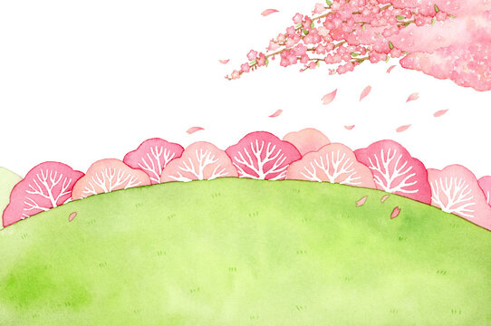 手描き水彩｜桜の丘　背景イラスト
