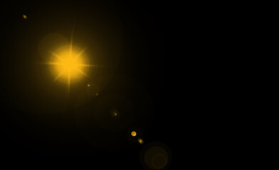 Overlay, flare light transition, effects sunlight, lens flare, light leaks. High-quality stock image of warm sun rays light effects, overlays or golden flare isolated on black background for design