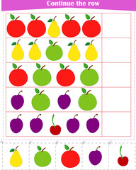  Logic game for children. Continue the row of fruits. Worksheet