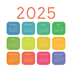 Calendar 2025 year. English colorful vector square pocket or wall calender template. Kids colors. Trendy design. Week starts on Sunday