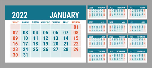 Calendar 2022 year. English template. Vector horizontal grid. Landscape orientation. Office business planning. Creative design. Red and blue color