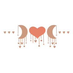 Boho style abstract composition with hearts and crescent moon. Vector illustration.