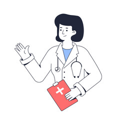 Doctor stands with clipboard in his hand. Woman medical worker portrait with pointing gesture. Line vector illustration isolated on white background