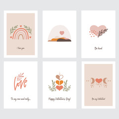 Valentine's Day Greeting Card Collection. Boho style. Vector illustration.