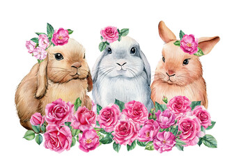 Spring bunnies with pink flowers on white isolated background, watercolor illustration