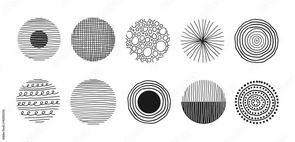 Poster modern abstract set black round shapes with lines, circles, drops on white background. vector hand d