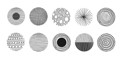 Modern abstract set black round shapes with lines, circles, drops on white background. Vector hand drawn illustration