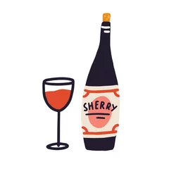 Fotobehang Corked bottle of alcohol and glass of red wine. Drawing wineglass with Spanish drink. Hand-drawn colored flat vector illustration of sherry beverage isolated on white background © Good Studio