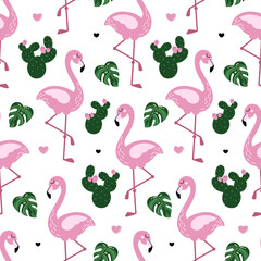 Flamingo seamless pattern with monstera leaves and cactus. Cute tropical wallpaper and fabric print. Doodle vector illustration isolated on white background.