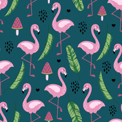 Flamingo seamless pattern with banana leaves and watermelon ice cream. Cute tropical wallpaper and fabric print. Doodle vector illustration.