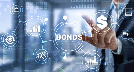 Businessman clicks a bonds virtual screen. Bond Finance Banking Technology concept. Trade Market...