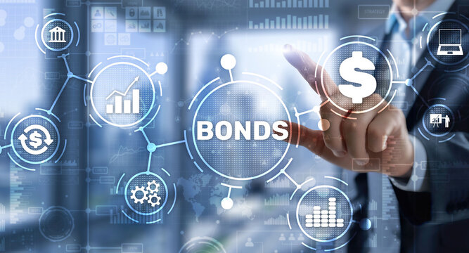 Businessman clicks a bonds virtual screen. Bond Finance Banking Technology concept. Trade Market Network.