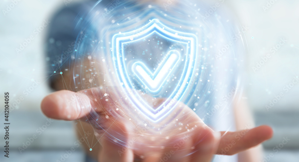 Poster Man using digital shield protection blue holographic interface 3D rendering