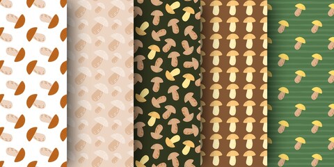 Set of autumns seamless stylized pattern with mushrooms ornament. Simple wildlife backdrop collection.