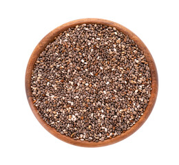 Chia seeds in wooden bowl, isolated on white background. Healthy superfood. Closeup macro of organic chia seeds. Top view.