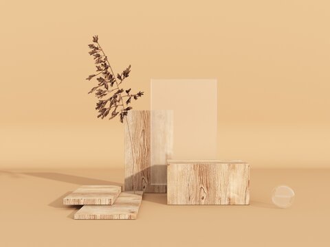 3D render, premium podium, stand made of wood and glass on pastel, light background with natural plant, leaves. Mock up for the exhibitions, presentation of products, therapy, relaxation and health.