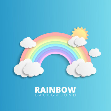 Abstract Rainbow In The Rainy Season. Paper Art Design For Clouds, Sun And Rainbow. Paper Cut And Craft Design. Vector, Illustration.