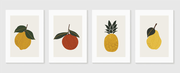 Fruits wall art Gold background vector.  Hand drawn tropical fruit with golden and watercolor texture. Vector illustration for prints, wall decoration, wallpaper and cover design. 