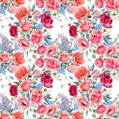 Beautiful vector seamless floral pattern with watercolor gentle red summer flowers. Stock illustration.