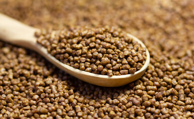 Buckwheat tea in a wooden spoon. Buckwheat tea close-up macro photography. Scattered buckwheat tea pellets brown background.