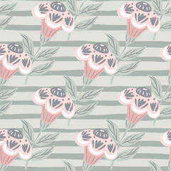 Bloom seamless pattern with hand drawn folk flowers elements. Blue light striped background.