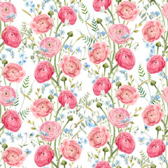 Beautiful vector seamless floral pattern with watercolor gentle red summer flowers. Stock illustration.