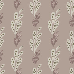 Decorative seamless pattern in pale tones with abstract nature ornament print. Beige colored artwork.