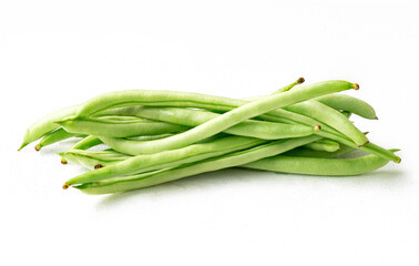 Small pile of green string beans on white background, close up organic string beans.
