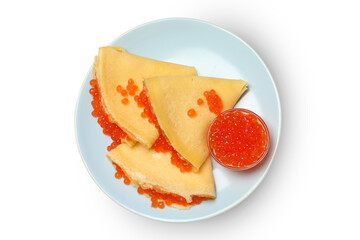 Plate of crepes with caviar isolated on white background