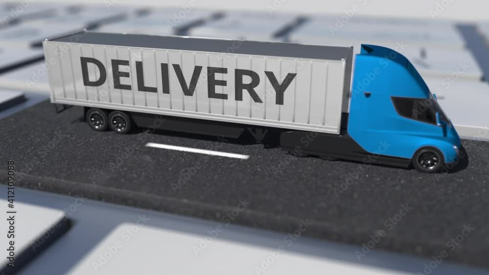 Poster delivery text on the truck driving on the keyboard key. conceptual looping 3d animation