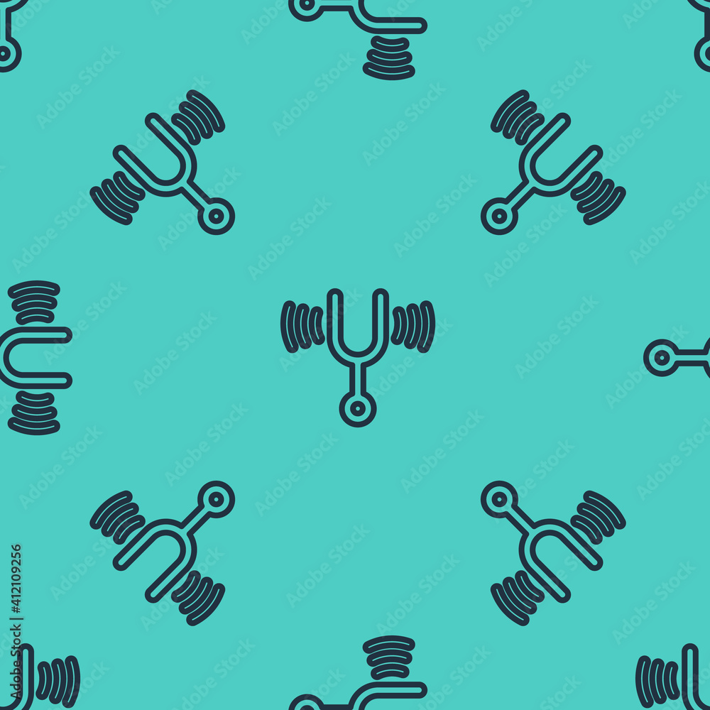 Poster black line musical tuning fork for tuning musical instruments icon isolated seamless pattern on gree