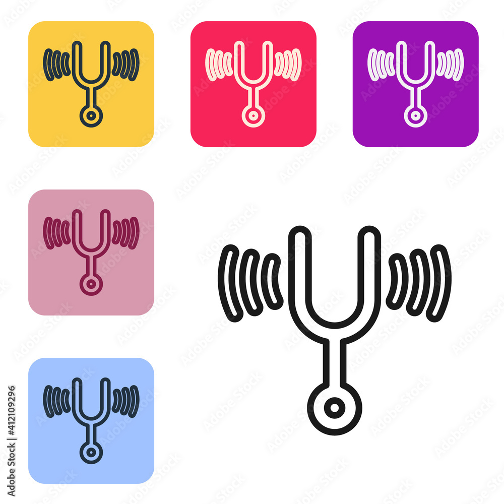 Poster black line musical tuning fork for tuning musical instruments icon isolated on white background. set