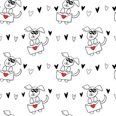 Vector Seamless pattern. Cute contour little dog with love letter and hearts. Hand drawn doodle. Background and texture on theme of Valentine's Day, sending and receiving post, confessions of feelings