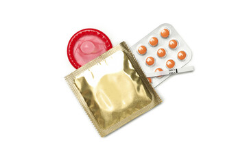 Pregnancy test, condoms and pills isolated on white background