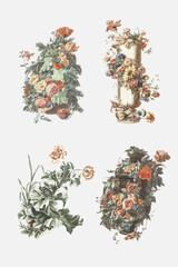 Flower bouquet in vase vector vintage illustration set - obrazy, fototapety, plakaty