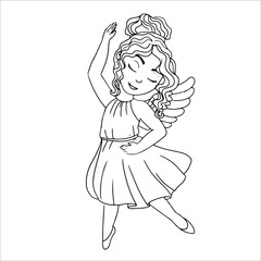 Dancing angel girl. Wings and halo. Child dressed as an angel. Coloring book Simple drawing in pastel colors. Vector illustration drawn in cartoon style isolated on white background