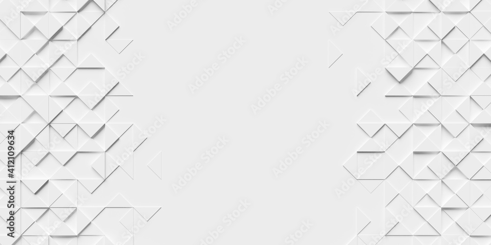 Poster white abstract background with sides covered in triangles and copy space in the middle. 3d rendering